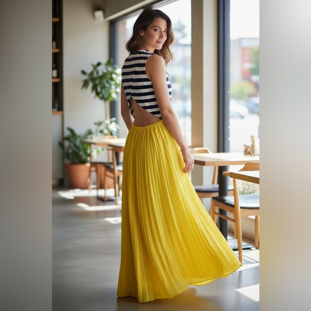 Charming Charlie Yellow Pleated Maxi Dress Striped Bodice Open Back Small